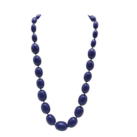 Trifari Bead Necklace Navy Blue Graduated Oval 18" Vintage Signed Acrylic - Picture 1 of 4